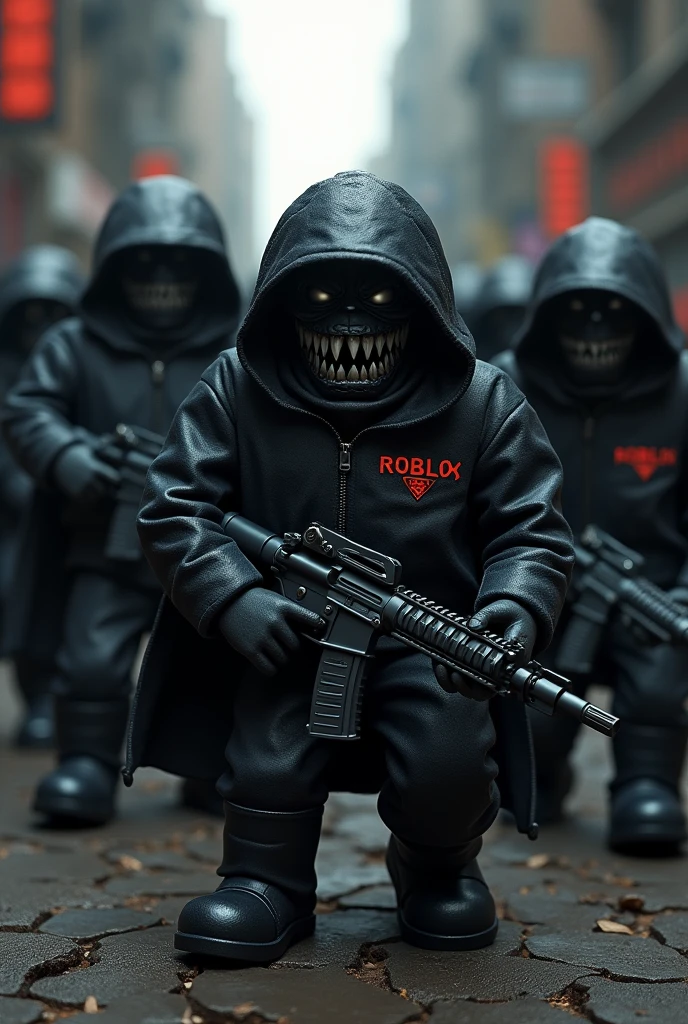 An image of a very dangerous gang with black Roblox pardons with ROBLOX characters