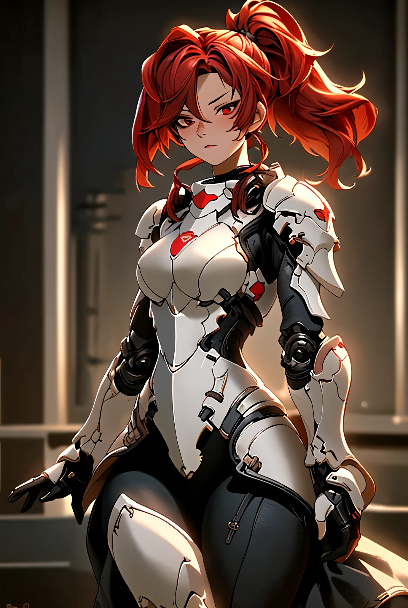((best quality)), ((Masterpiece)), (details:1.4), 3d, HDR (high dynamic range), mature woman, เหมือนจริง, High Ponytails, Red hair, Red eyes, จมูกโด่ง, ปากแดง PBR surface, After processing, Anisotropic filtration,depth of field, Maximum clarity and clarity, multi-layered surface, perfect proportions, 8K raw files, holy paladin, Heavy Black armor, Fierce, ในโบสถ์, หมวกพาลาดิน