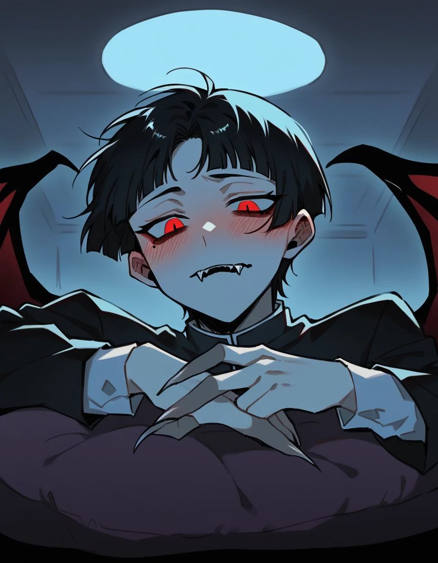 boy, vampyre, light gray skin, fluorescent red eyes, sharp fangs, slightly melancholic expression, mole below the right eye, big strip, short black hair, completely black wings, All black outfit with long sleeves and the inside of the sleeve is red, sharp fingernails. He is in a simple, poorly lit room., your arms seem to hold the camera, olhar de Grievingza e rosto corado, flushed and red cheeks and nose, in front of him is the bed and behind him is an open door. Dark environment with illuminated door. The character is on top of the camera. Bedroom bad ilumined. Close-up. FULL HD image. Bottom image, low angle, câmera abaixo do vampyre. Arms resting on you, over you. Tear runs from left eye, unhappy face, Grieving. bed below you, ceiling kux above your head, Dappled Light