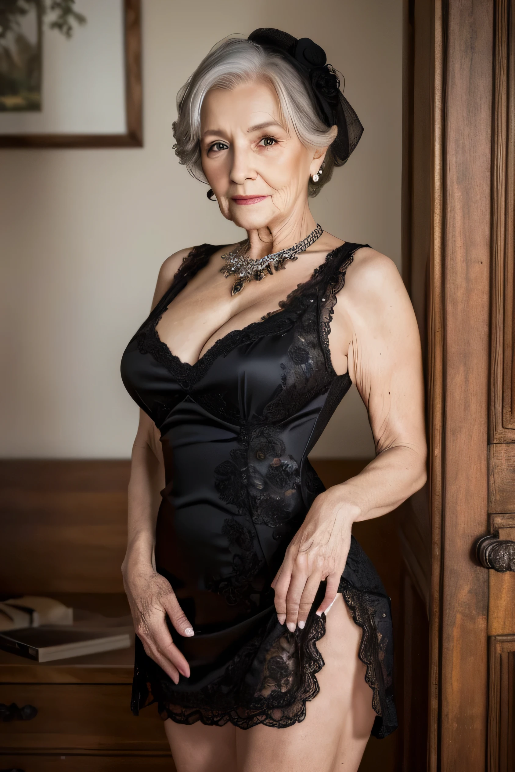 Highest quality, masterpiece, High resolution, Realistic, RAW Photos, 8k wallpaper, perfection, Professional Lighting, Very detailed, ((Beautiful old woman)), 80 years old, Sexy old woman, ((Sexy black mini dress)), Cleavage, Upper Body, ((look into the viewer&#39;eye)), Detailed face, Beautiful eye, ((I&#39;looking forward to it)), In the stylish dining room, sunny, bangs, Shapely breasts, Short Bob Hair, Plump and glossy lips, Cowboy Shot, ((Place your arms between your legs))