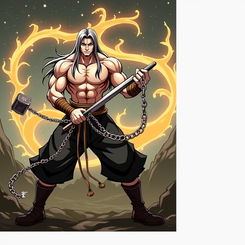 Please create a character resembling Gyomei in demon slayers, long hair who wields a very long chain having two hammers at the end, his gorgeous bright eyes, his vein counters like a body builder, beautiful anime wallpaper manga style. Atmosphere night mountain, Body builder, Sage of the mountain,Big, Wise man, mudra, , very very very long chain. . Anime