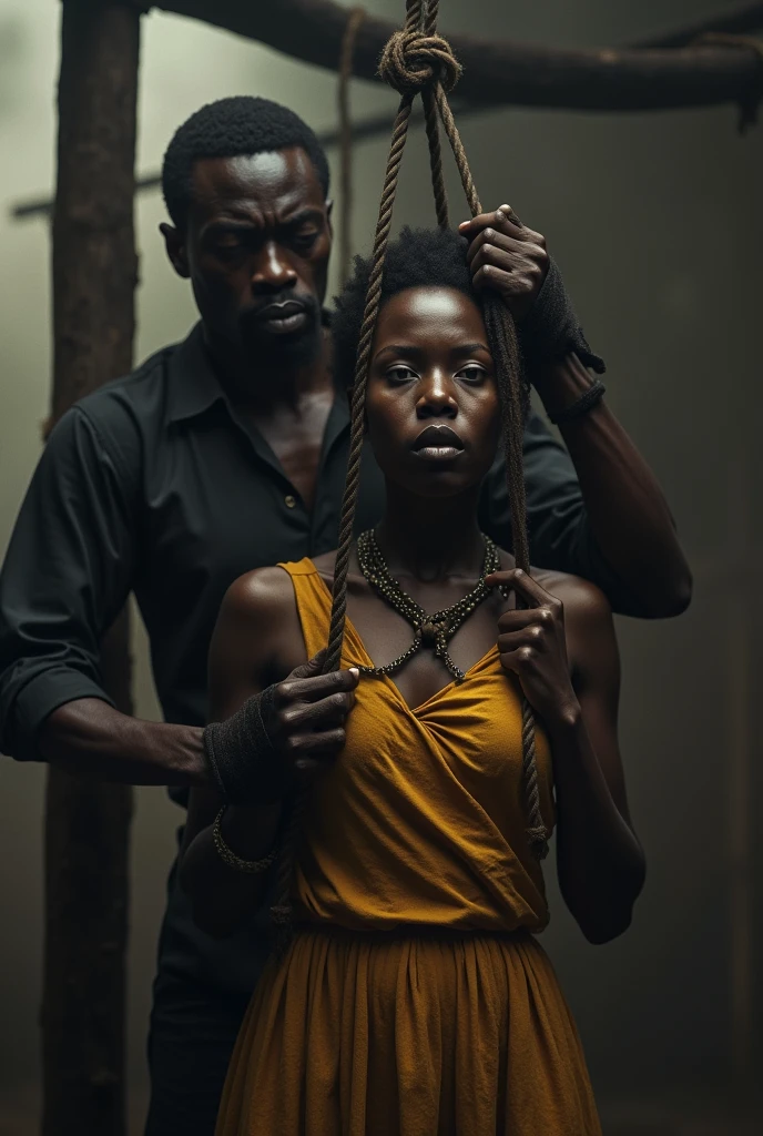 man tightening rope noose around african woman neck, man putting rope around girl's neck, girl serious expression, girl empty expression, single tear, execution by hanging, gallows