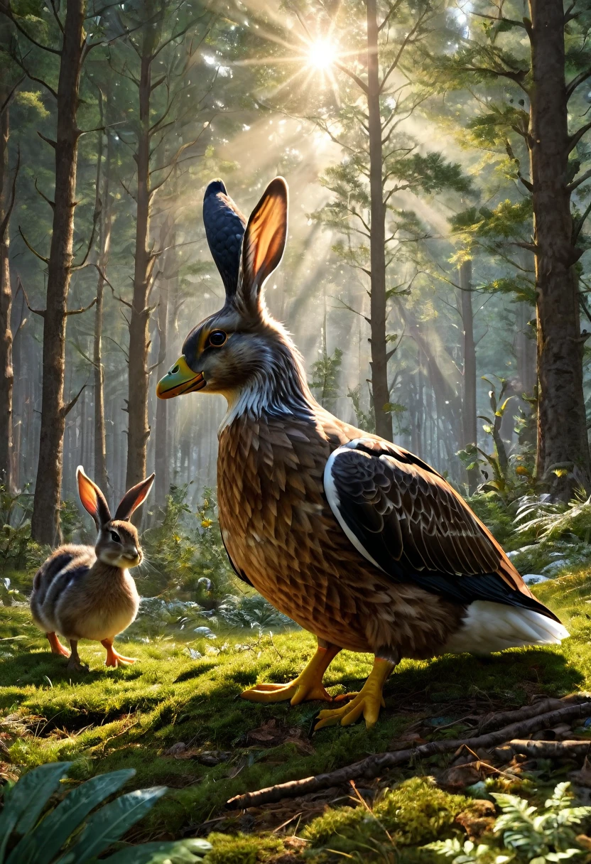 a Wolpertinger made of duck, eagle and rabbit in a forest clearing, (best quality,4K,8k,highres,​masterpiece:1.2),Ultra-detail,(Realists,photoRealists,photo-Realists:1.37),elaborate details,cinematic lighting,The Fantasy,Digital Drawing,surreal,Very detailed,Film composition,keen focus,photoRealists,hyperRealists,mystical,Ethereal,fantastic,exhilarated,noticeable,dream-like,conceptual,imaginative