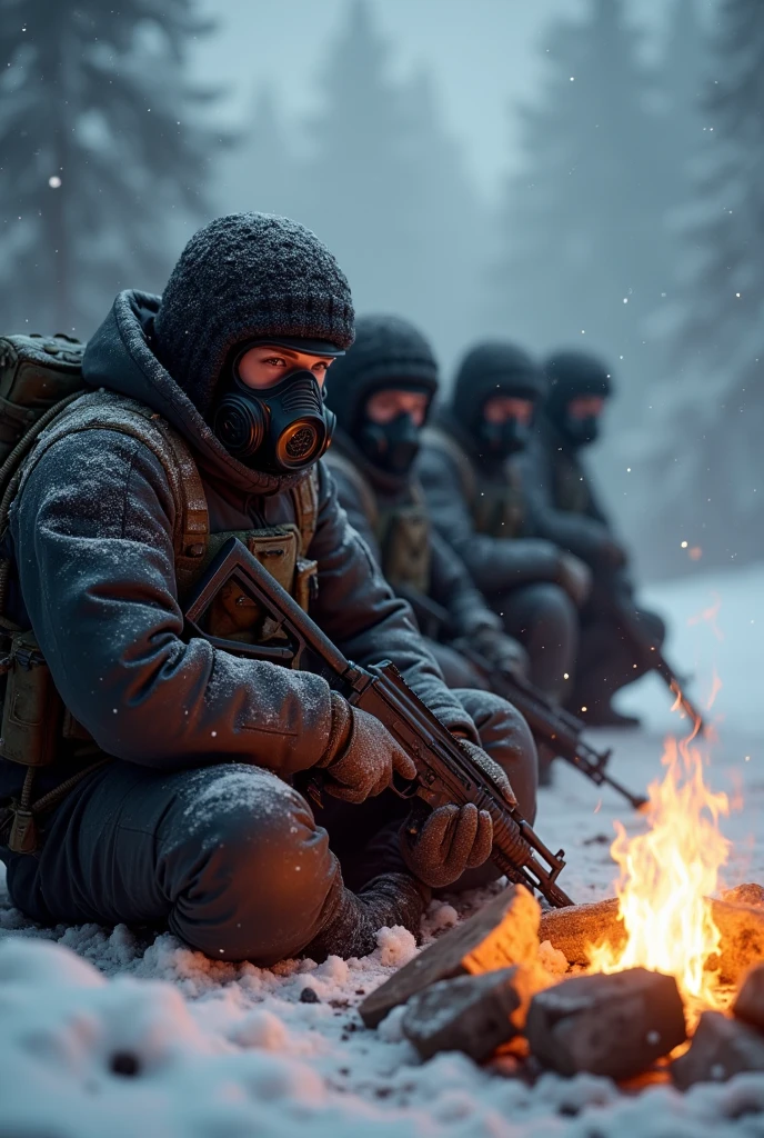 A soldier in a black gas mask that covers his entire face and eyes sits by a fire with an AK-74 (It's snowing outside) behind him are 3 of the same soldiers