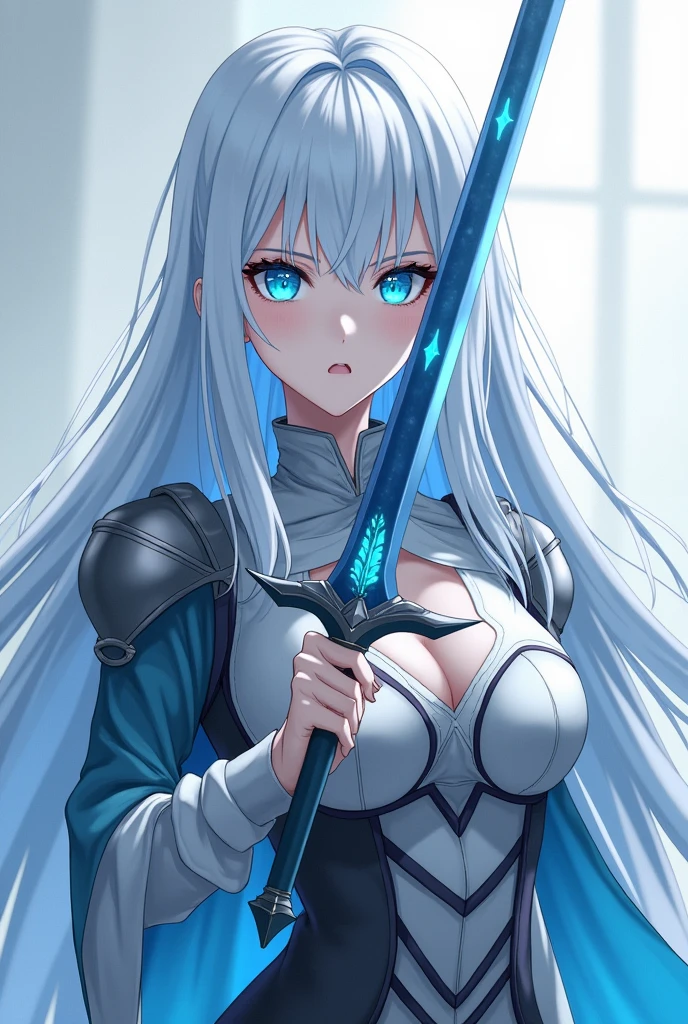 The picture shows a female adult large anime figure with long, smooth, white hair and a light blue shadow on the underside of the hair. Her eyes are as blue and bright as ice. She has a somewhat frightening aura, because she is a warlord. Her face is white as snow and her clothes are made of fine leather. She carries a large sword, which is made of the finest materials and forged with great detail. The sword has a magical blue glow around it