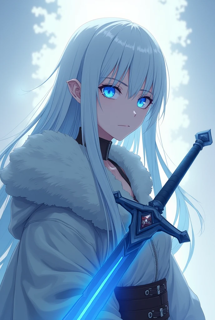 The picture shows a female adult large anime figure with long, smooth, white hair and a light blue shadow on the underside of the hair. Her eyes are as blue and bright as ice. She has a somewhat frightening aura, because she is a warlord. Her face is white as snow and her clothes are made of fine leather. She carries a large sword, which is made of the finest materials and forged with great detail. The sword has a magical blue glow around it