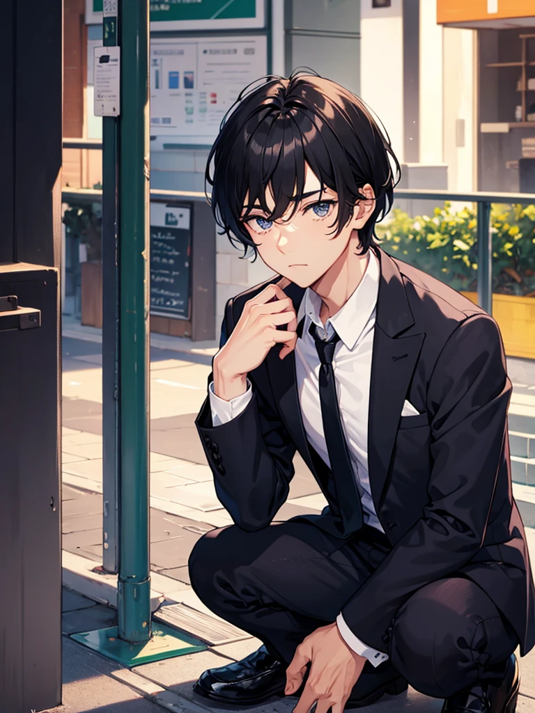 male，Beautiful Boy，suit，A little tired face，Crouching，Cute Face，Black Hair，