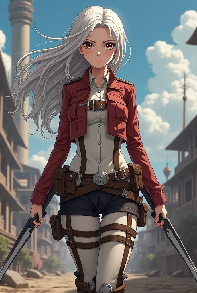 A white girl, with long silver hair, brown eyes, pink lips, serious expression, with attack on titan legion clothes, with two swords from attack on titan, full body, mappa studio style, witt studio style, with an attack on titan background, isayama hajime draw style