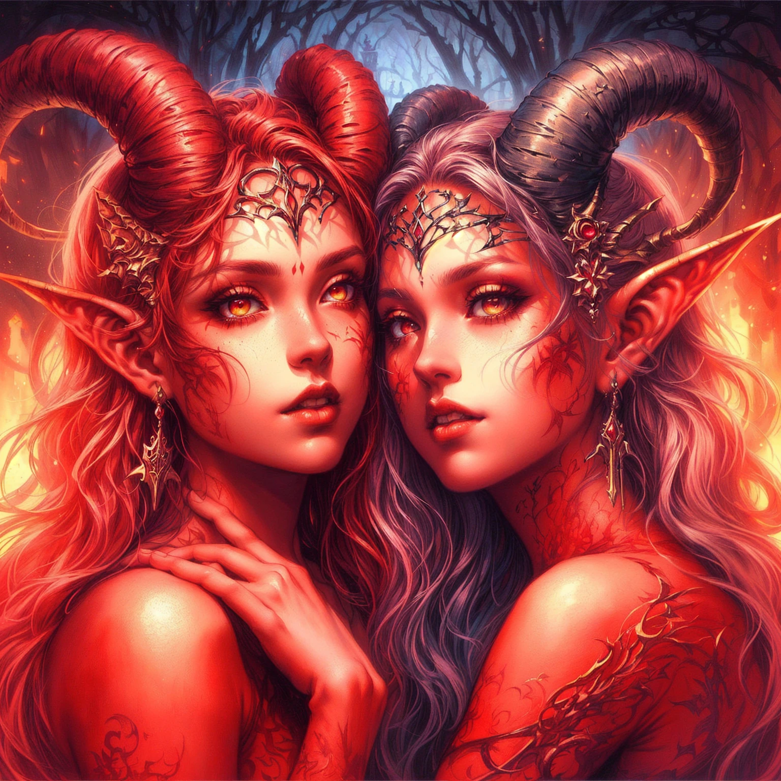 two women with horns and horns are standing next to each other, beautiful gemini good and evil, beautiful gemini twins portrait, fauns, beautiful gemini twins, red horns, horns and red eyes, tiefling, karol bak and peter mohrbacher, portrait of daemons, tom bagshaw and sabbas apterus, demoness, with horns, elves