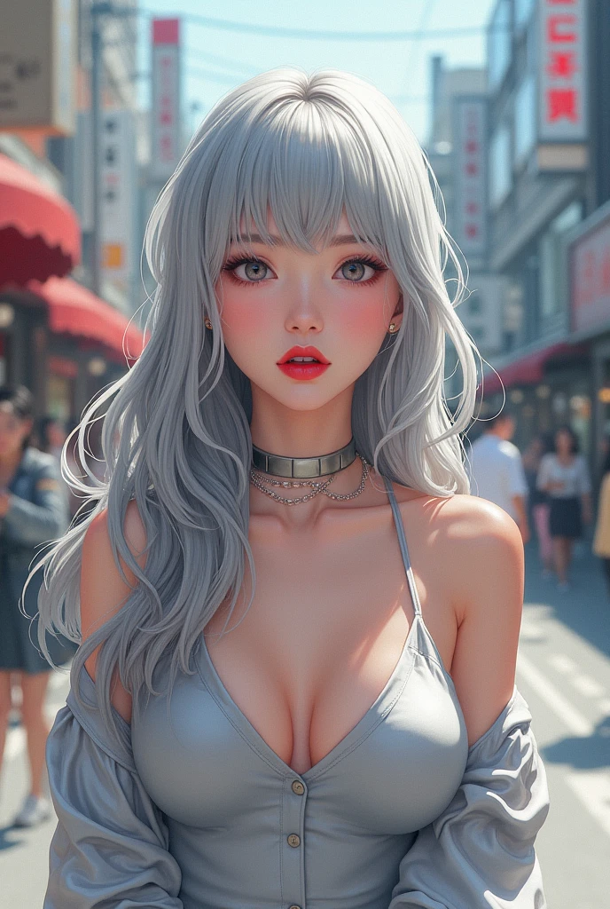 very detailed, 16K high resolution, Insanely detailed image, cinematic, Best quality, masterpiece, realistic, detailed face, detailed background, dramatic lighting, 2D art in anime style, Reinforcement sketch, Pencil drawing, Strengthen the pencil strokes., super-excellent, 1 woman, One, silver hair, whole body, plump woman in silver dress, s lips, painted with bright red lipstick, stunningly beautiful, Her every movement exudes irresistible charm, On the streets of Tokyo