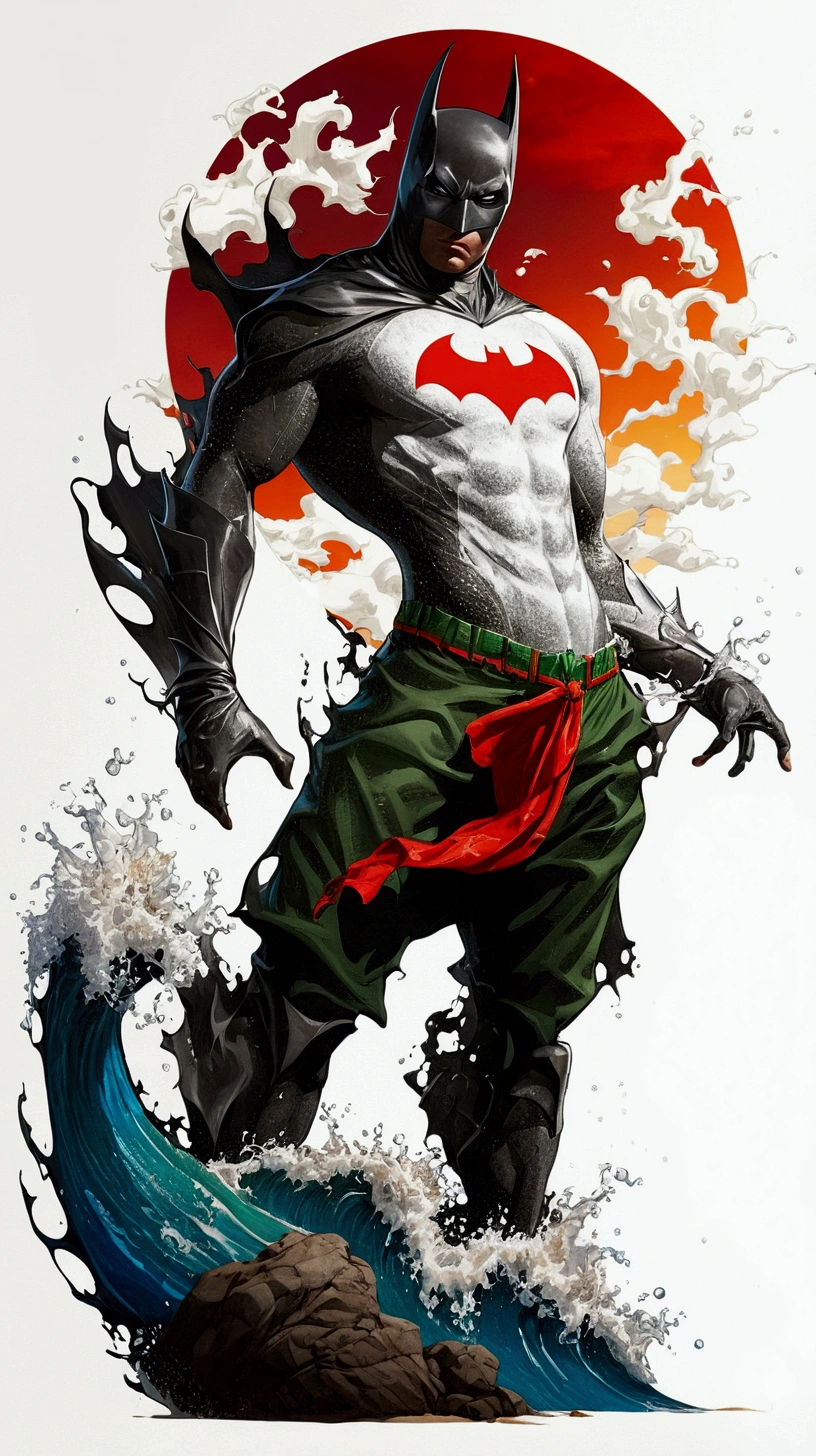 Beachside Batcave: A 4K photorealistic image of a 25-year-old man donning a green Batman mask, white spandex top, and gray board shorts. He poses heroically on the sandy beach, waves gently lapping at his feet, as water splashes create a dynamic sense of movement. The sun casts a warm glow, with intricate details on the Bat-mask and costume shining in high definition. Vibrant colors pop against the ocean's blue backdrop, while dramatic clouds gather above, evoking a cinematic atmosphere that transports viewers to this beachside Batcave.