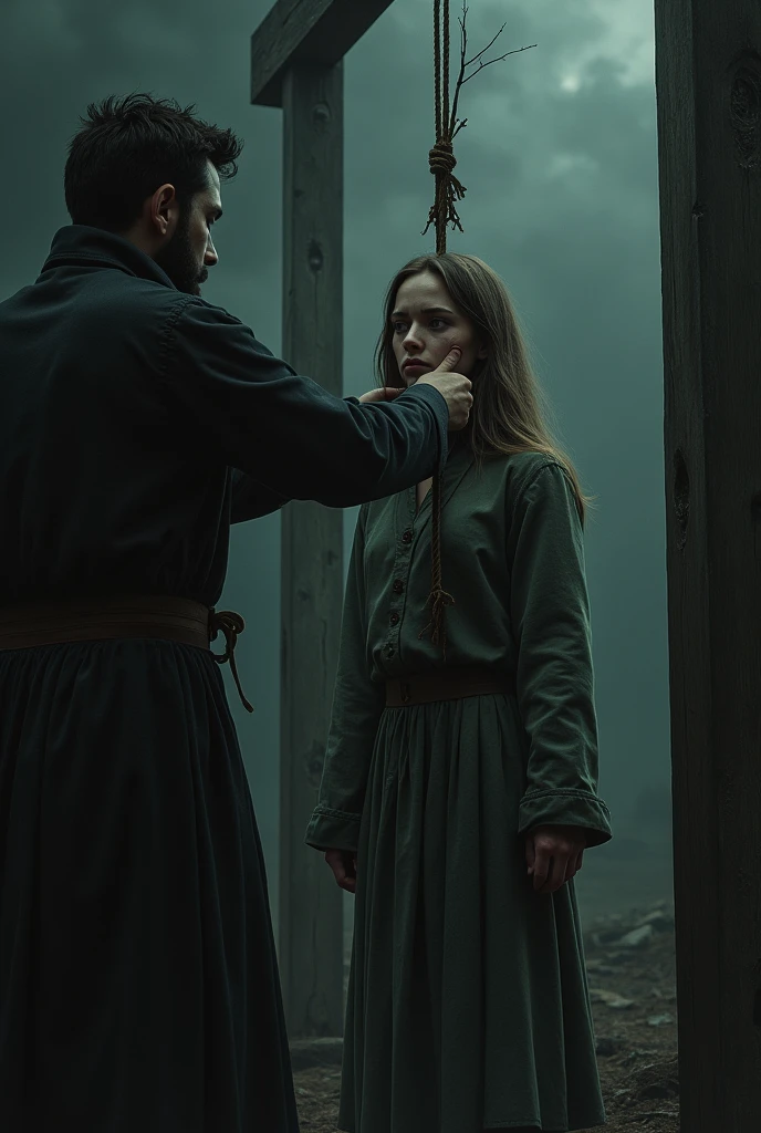 man tightening rope noose around belgian girl neck, girl,man putting rope around girl's neck, girl serious expression, girl empty expression, single tear, execution by hanging, gallows