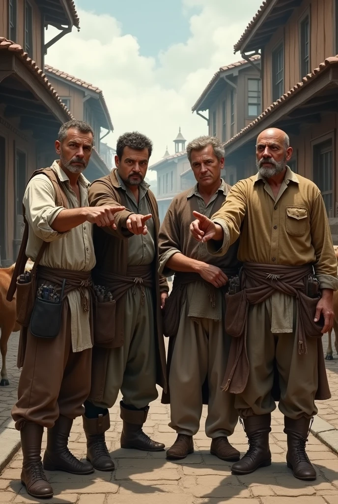 Four people are serious and pointing in the street in olden times in the village