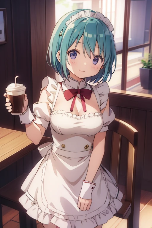 (high quality、masterpiece)、One Girl、anime、ultra hi resolution picture、Depth of written boundary、smile、cute、View your viewers、Coffee shop、whole body、Miki Sayaka、Maid clothes、Big Breasts