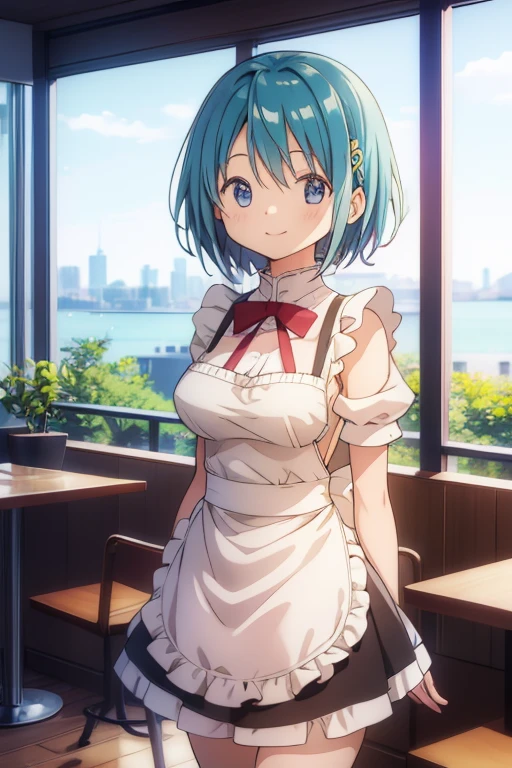 (high quality、masterpiece)、One Girl、anime、ultra hi resolution picture、Depth of written boundary、smile、cute、View your viewers、Coffee shop、whole body、Miki Sayaka、Maid clothes、Big Breasts