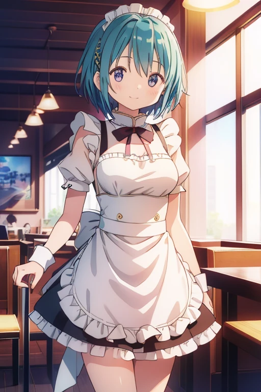 (high quality、masterpiece)、One Girl、anime、ultra hi resolution picture、Depth of written boundary、smile、cute、View your viewers、Coffee shop、whole body、Miki Sayaka、Maid clothes、Big Breasts