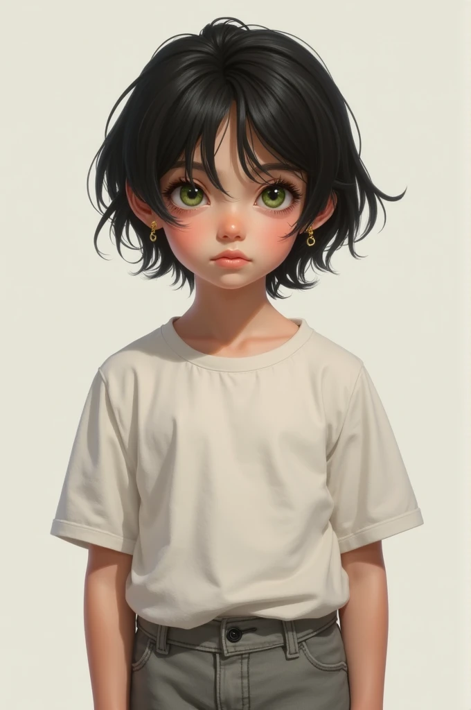 (Realistic young boy with black brown hair down to his neck)(green eyes,fine facial features without errors)
(White loose t-shirt, Gray pants)(small earrings in the ears)