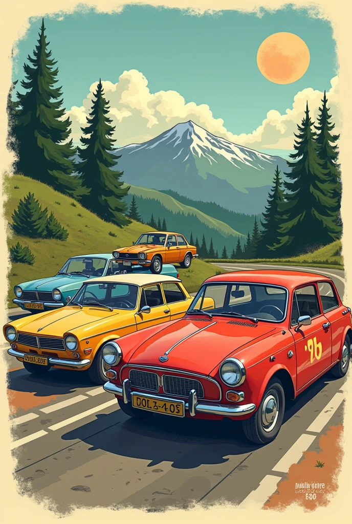 Create a ritter goods style image of 3 Lada Niva cars, Panther L200 and Mini Cooper with a background to your liking