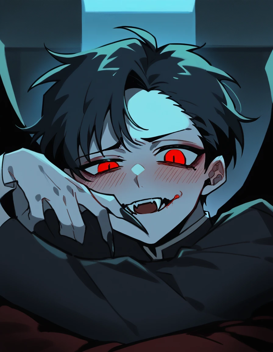 boy, vampyre, light gray skin, fluorescent red eyes, sharp fangs, slightly melancholic expression, mole below the right eye, big strip, short black hair, completely black wings, All black outfit with long sleeves and the inside of the sleeve is red, sharp fingernails. He is in a simple, poorly lit room., your arms seem to hold the camera, olhar de Grievingza e rosto corado, flushed and red cheeks and nose, in front of him is the bed and behind him is an open door. Dark environment with illuminated door. The character is on top of the camera. Bedroom bad ilumined. Close-up. FULL HD image. Bottom image, low angle, câmera abaixo do vampyre. Arms resting on you, over you. Tear runs from left eye, unhappy face, Grieving