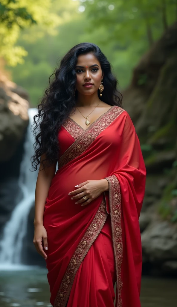 Create a photorealistic, 8k image with cinematic, pro quality. Show a tall, beautiful Indian woman in traditional attire. Full-length, curvy, plus-size figure with smooth, white skin, plump face, and attractive lips. Attire should tastefully reveal chest and navel. Long, curly hair with highlighting. She’s in a red silk saree with intricate embroidery and a deep neckline blouse. Background: Mize Mill Falls, Sipsey Wilderness, Bankhead National Forest with lush greenery and a waterfall. Lighting: soft, warm, high contrast, sharp focus. Body language: standing confidently, looking at the camera, serene expression. Focus on chest and navel, showcasing saree and blouse details. Ensure high quality, realistic textures, film stock photo feel.