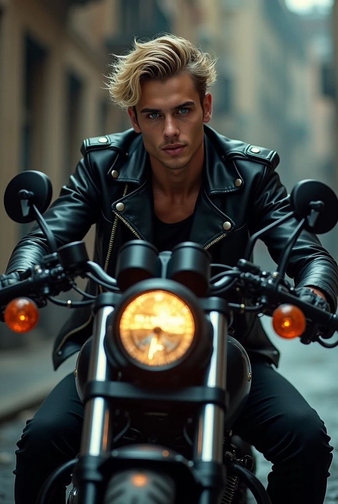an 18 year old boy on a motorcycle, a beautiful black motorcycle and a leather jacket, a beautiful smile like something out of a dark American romance novel, very white white with blue eyes and muscular blond