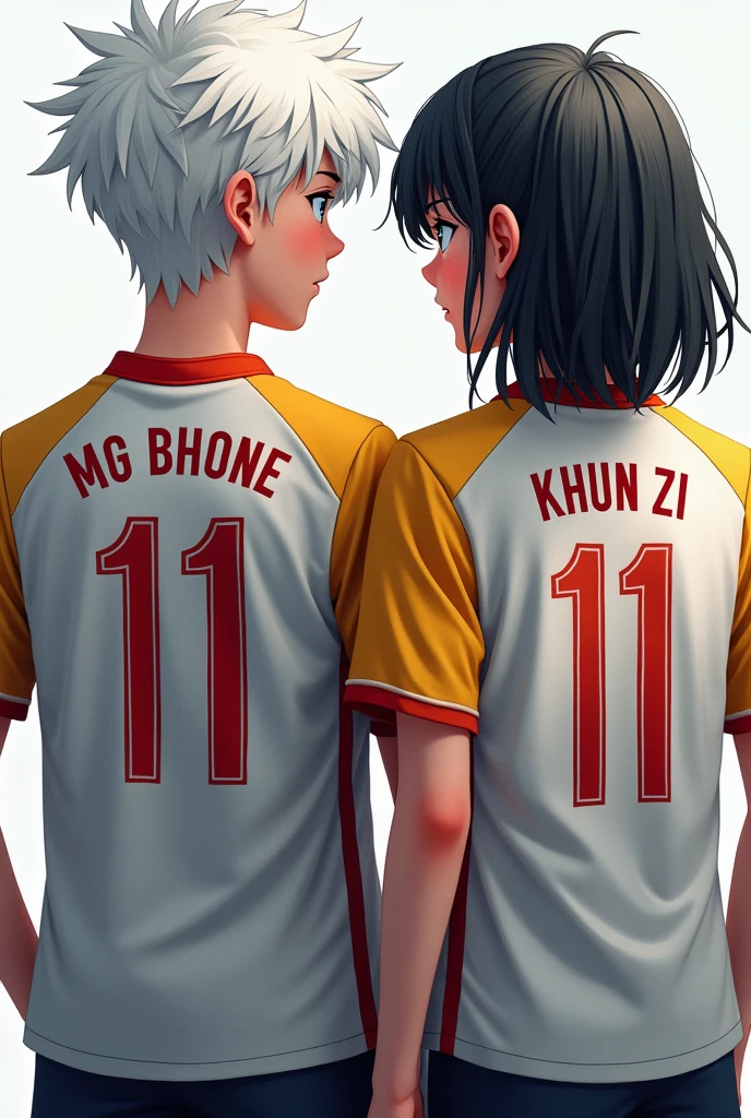 Girl and boy are wearing jersey their No. is 11.And show their back.Boy with white hair and gril with black hair.Boy name is Mg Bhone And Girl name is Khun Zi