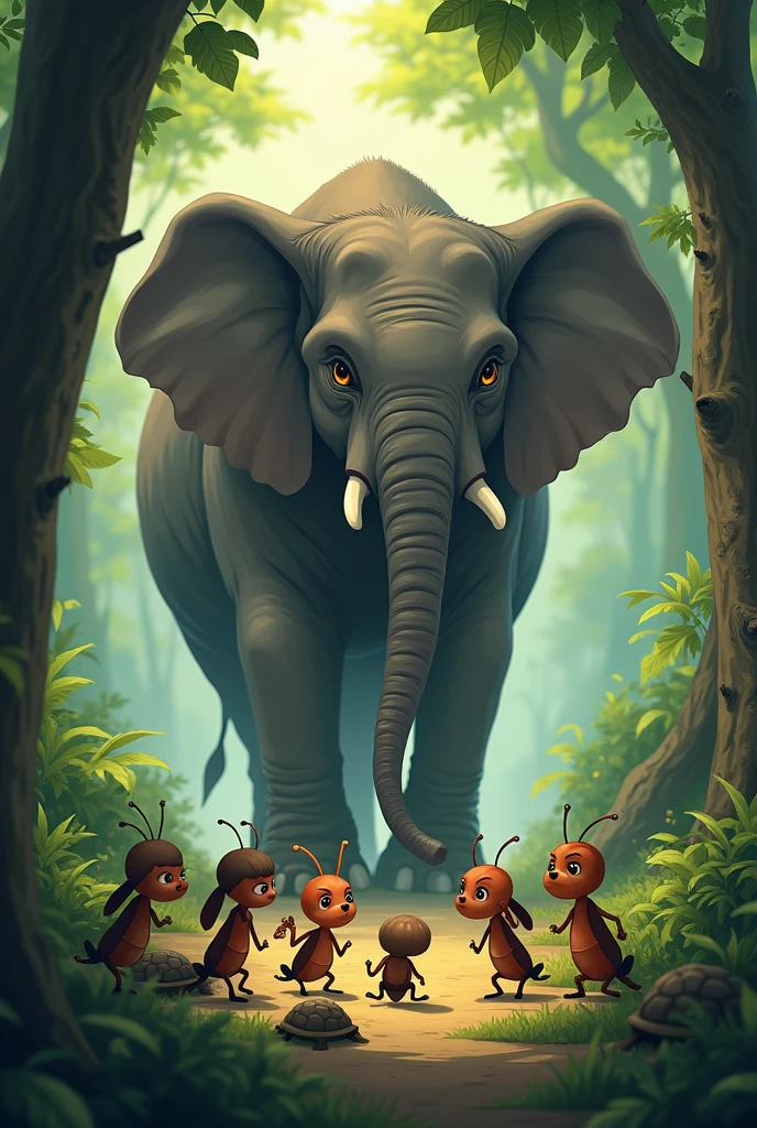 ants rabbit turtle etc small animals discuss Hemant elephant’s behavior in hushed tones. Some look fearful, while others express their frustration and anger in their small animals gatherings. “Hemant elephant’s behavior created a climate of fear and resentment among the forest animals. They were tired of his arrogance and lived in constant worry of his wrath.”