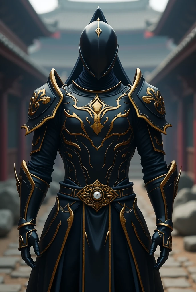 An epic closeup of the dark fighter, looking at the viewer, (alone), light full body armor, (The armor covers the entire body), negro, golden edges, Dragon Eye Inlaid Armor, combat pose, full body shot, in a temple in the background, anime screencap, Masterpiece, The best quality, high detail, high resolution, UHD, 4k, 8k