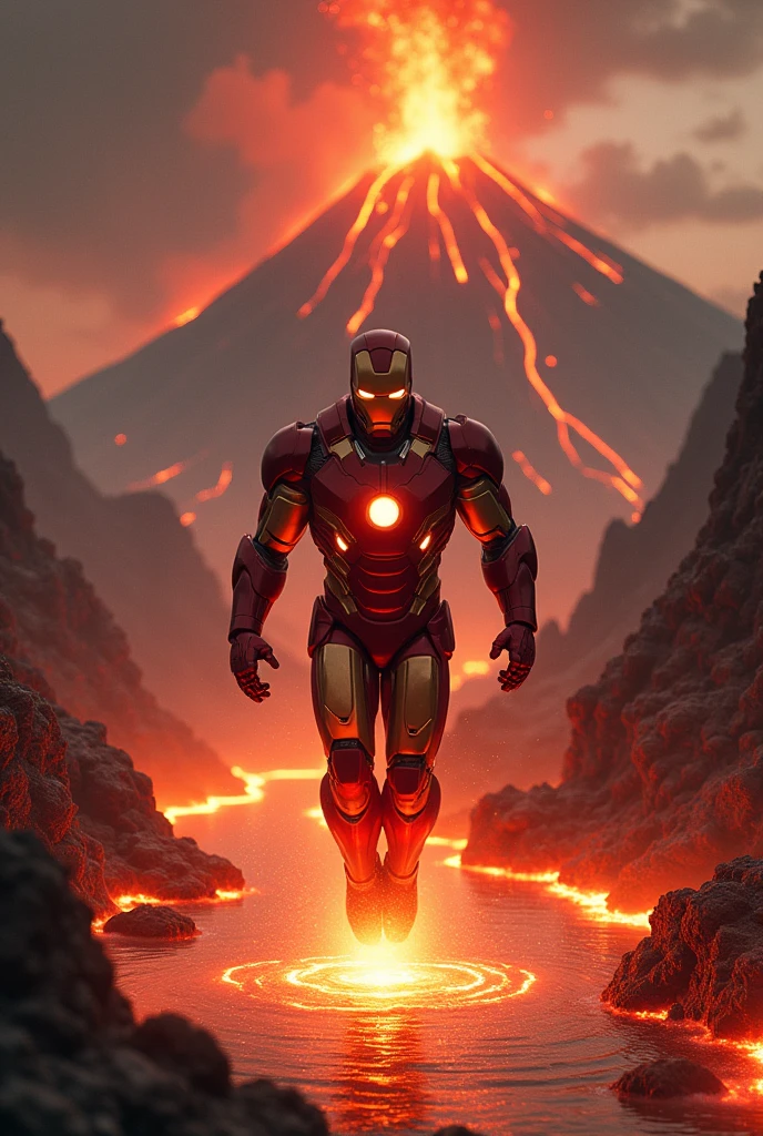 Iron Man landing in a lava lagoon with a volcano in the background, with the initials AS