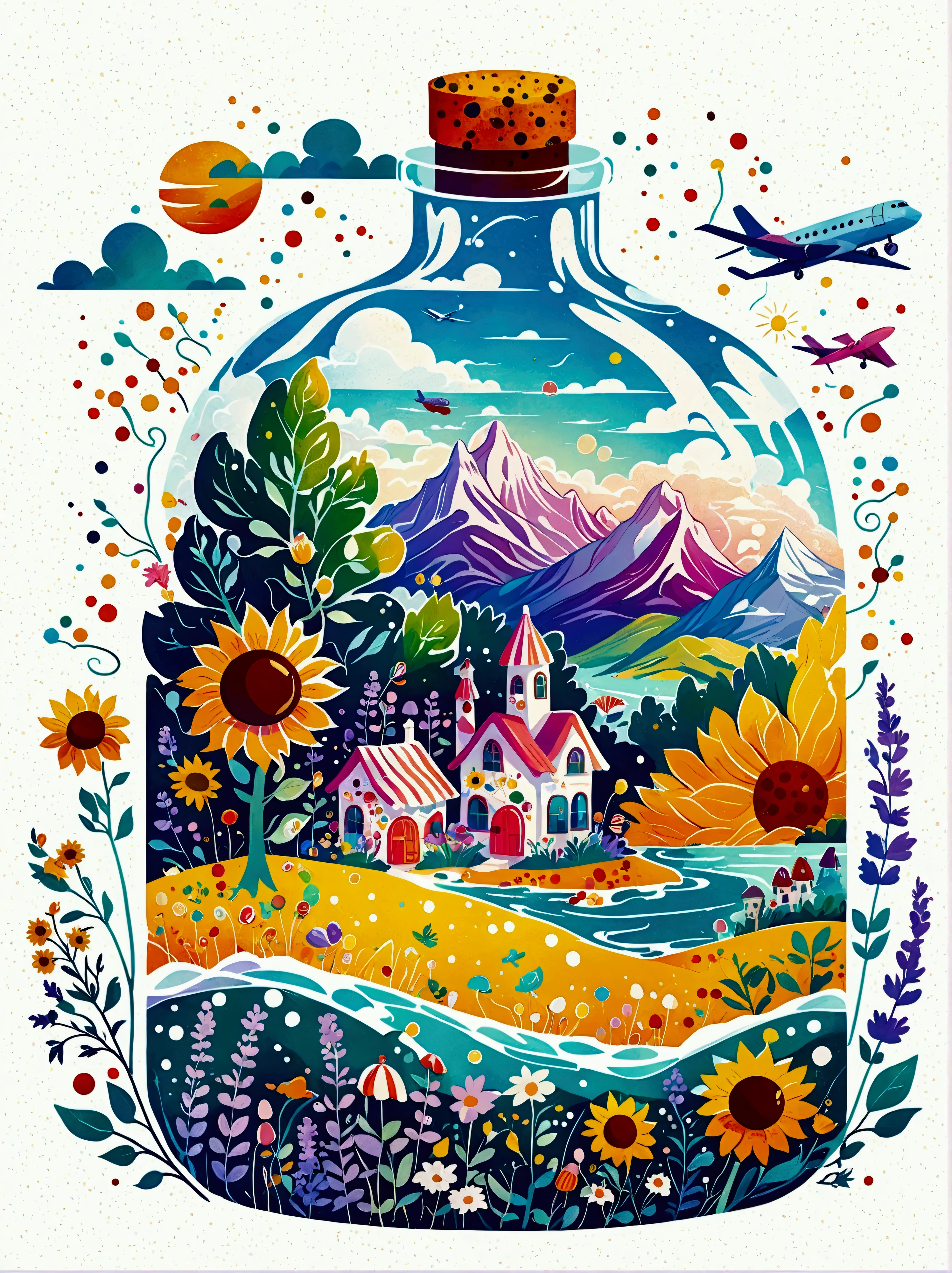 1pzsj1, (flat, user interface vector style), (world in a bottle), heavenly colors, colorful fantasy candy house, fairy tale world, spring, seaside, rios, tree house, sunflower field, lavender, mountains, peaks, big trees, (simple illustration), (smooth line art: 1.2), (minimalism), white background, (graphic design aesthetics), (flat illustration), (Plane illustration)
