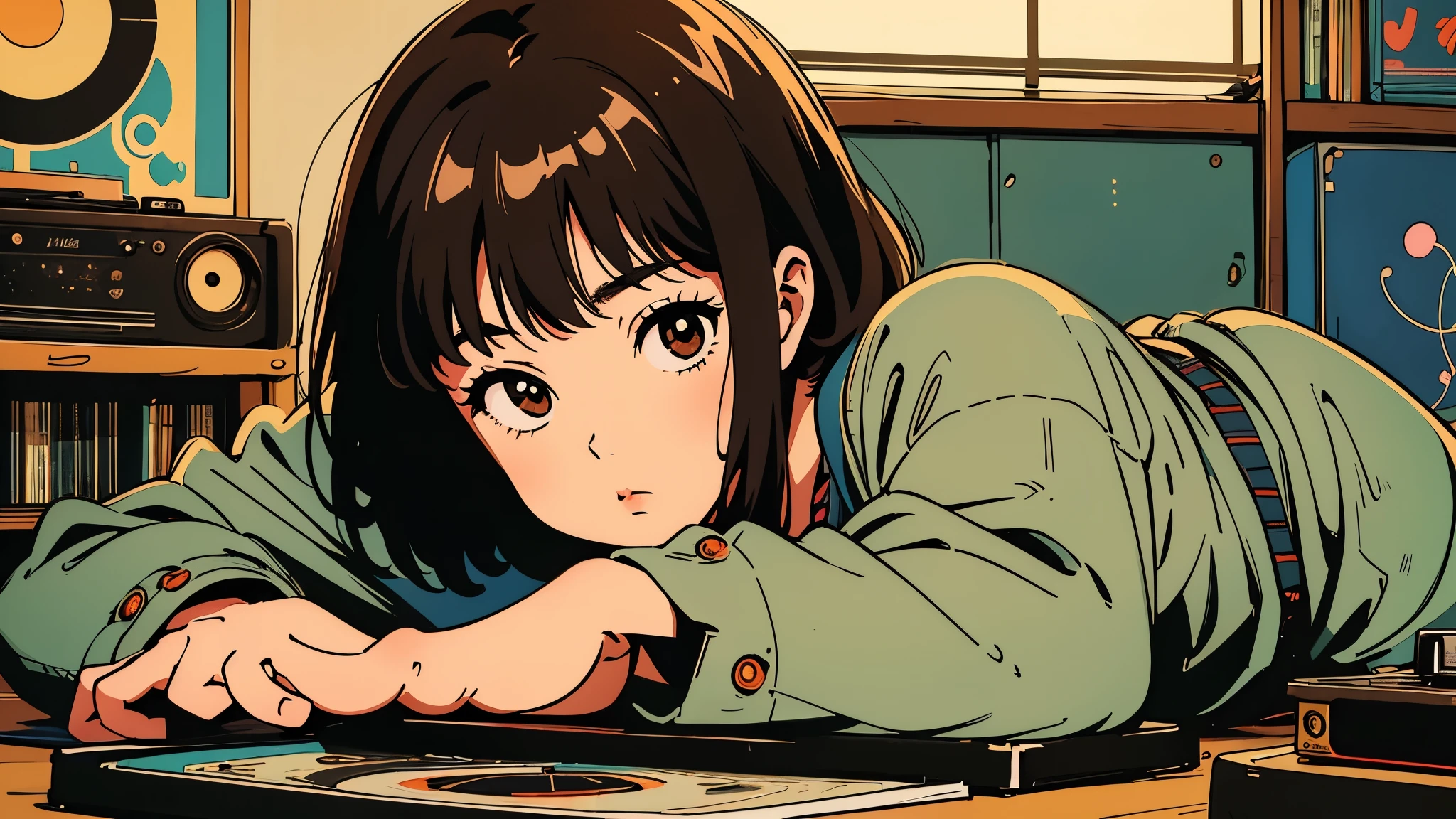 A girl lying on a futon, brown hair, surrounded by vinyl records and a vintage record player, with soft lighting, lyco art, a manga drawing, by Satoshi Kon, lofi hip hop, wlop : :, ukiyo, ukiyo-style, yukito kishiro, one girl, bob cut hair,  solo girl