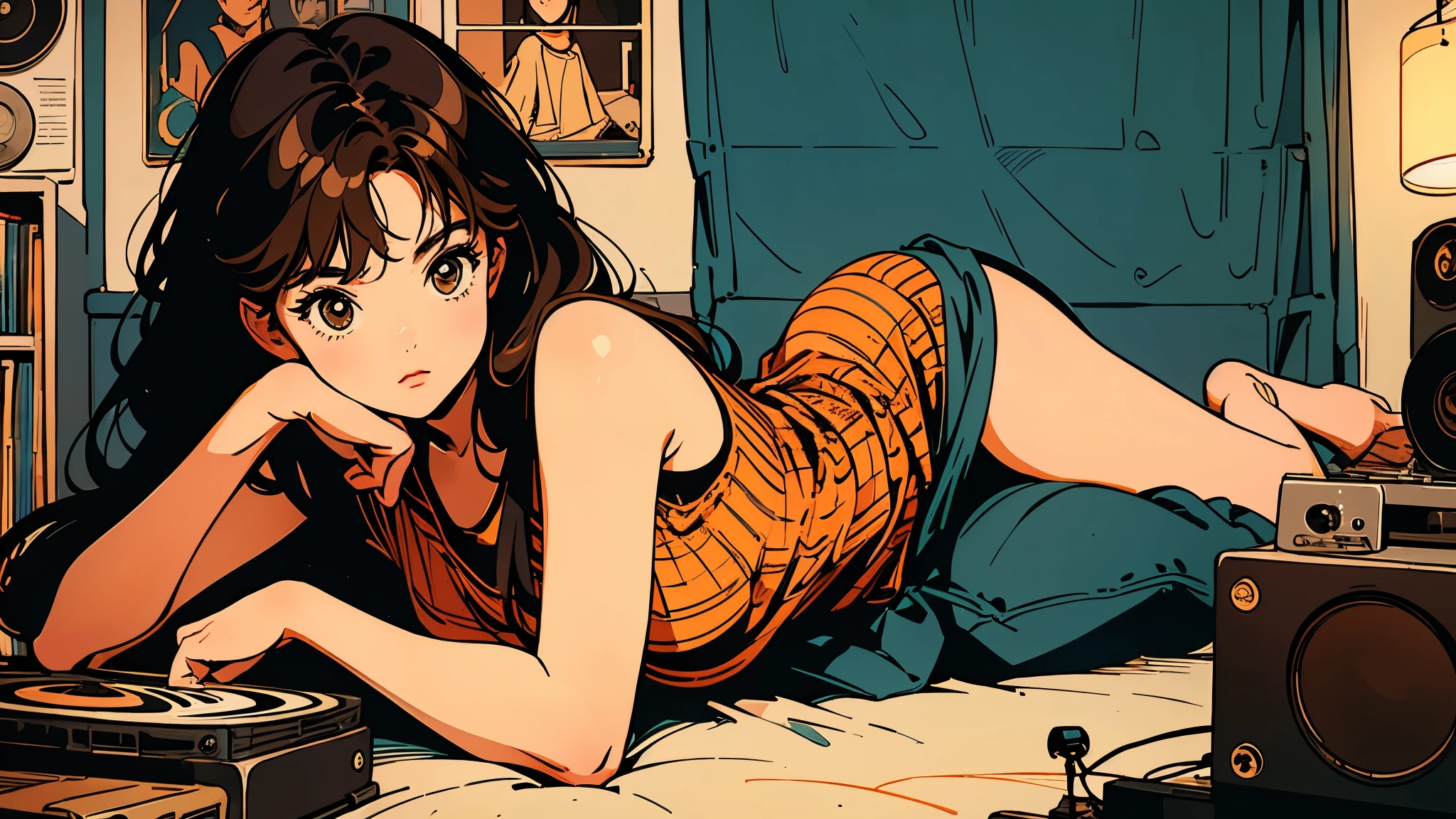 A girl lying on a futon, brown hair, surrounded by vinyl records and a vintage record player, with soft lighting.