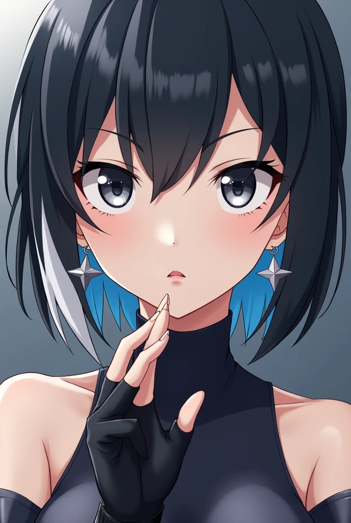 An anime style photo of Naruto A 26 year old woman, short hair,Black color with white highlights and a few blue ones,bangs a little long,gray eyes and serious look,small silver star shaped earrings,black fingerless gloves