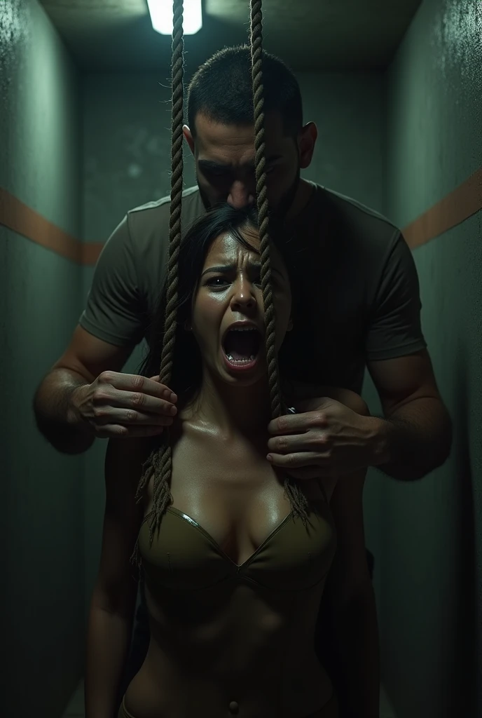man tightening rope noose around latina girl's neck, man putting rope around girl's neck, girl serious expression, girl empty expression, execution by hanging, dark basement, closeup on girl's face, girl in latex bodysuit