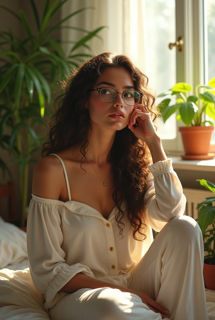 (photorealism:1.2), beautiful woman, sitting on bed, wearing loose off-shoulder top, pajama pants, long curly hair, indoors, soft lighting, plants in background, window with sunlight, cozy room, relaxed pose, realistic, intricate details, warm colors, by Greg Rutkowski, by Alphonse Mucha, white hijab, wear glasses