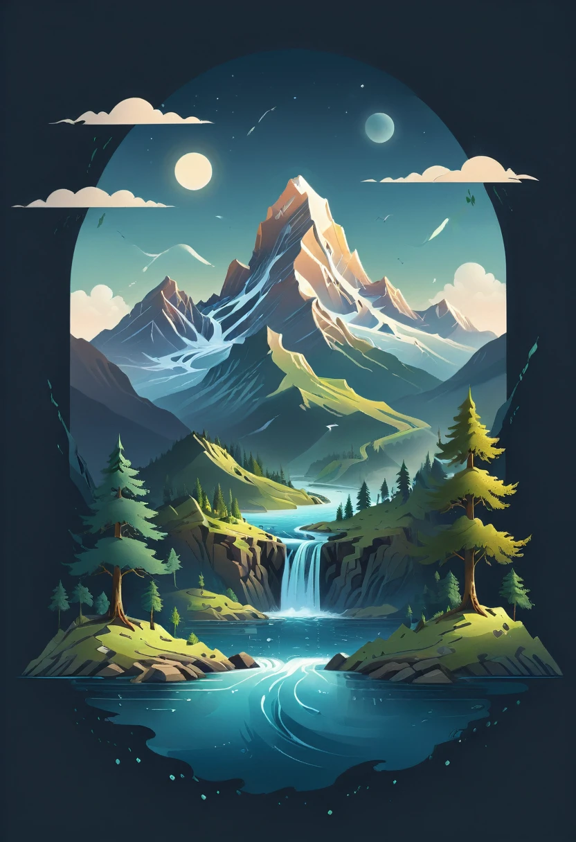 impressive painting of a mountain with trees and water, a detailed painting by Petros Afshar, shutterstock contest winner, environmental art, detailed painting, outlined art, 2d game art, isolated background for logo, strong contours, logo design
