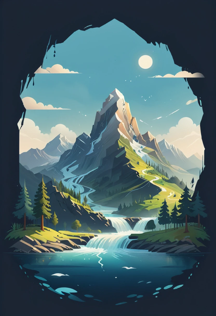 impressive painting of a mountain with trees and water, a detailed painting by Petros Afshar, shutterstock contest winner, environmental art, detailed painting, outlined art, 2d game art, isolated background for logo, strong contours, logo design
