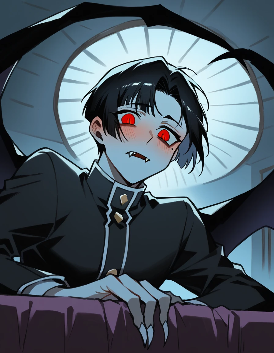 boy, vampyre, light gray skin, fluorescent red eyes, sharp fangs, slightly melancholic expression, mole below the right eye, big strip, short black hair, completely black wings, All black outfit with long sleeves and the inside of the sleeve is red, sharp fingernails. He is in a simple, poorly lit room., your arms seem to hold the camera, olhar de Grievingza e rosto corado, flushed and red cheeks and nose, in front of him is the bed and behind him is an open door. Dark environment with illuminated door. The character is on top of the camera. Bedroom bad ilumined. Close-up. FULL HD image. Bottom image, low angle, câmera abaixo do vampyre. Arms resting on you, over you. Tear runs from left eye, unhappy face, Grieving. bed below you, ceiling kux above your head, Dappled Light