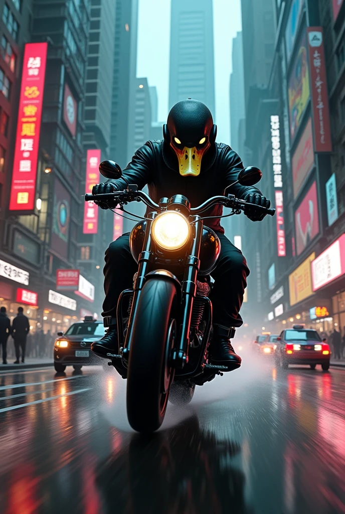 dark black biker with duck head, high speed in the busy city 