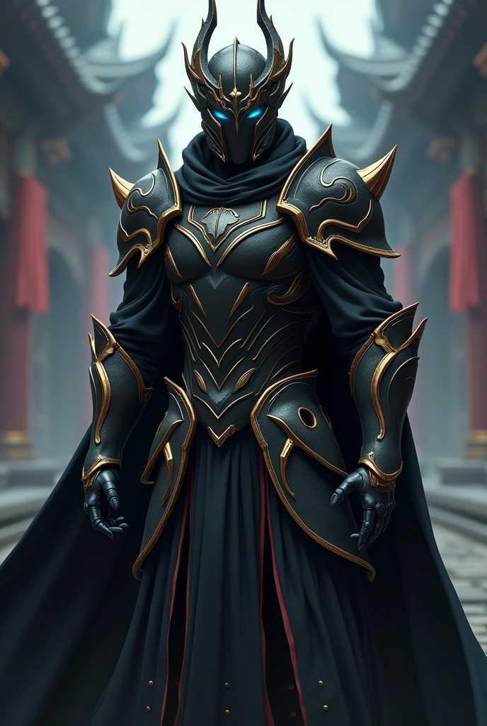An epic close-up of the dark fighter., looking at the viewer, (alone), Full body light armor, (The armor covers the entire body.), negro, golden edges, Dragon Eye Inlaid Armor, Combat Stance, full body shot, In a temple in the background, anime screencap, masterpiece, The best quality, High detail, High resolution, HD, 4k, 8k