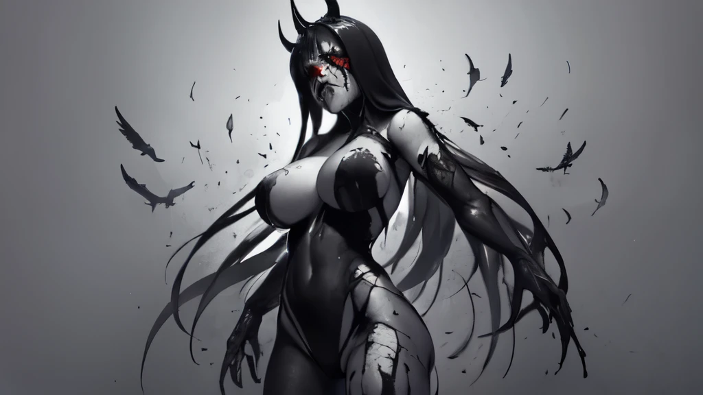 bs, solo, simple background, monochrome, greyscale, bodysuit, black background, 1other, monster, arms at sides, horror (theme) there is a large-breasted woman in the picture with her arms torn off and her face bleeding, ravens flying in the background, stocking, hot lingerie, big boobies, red paint splatted on it