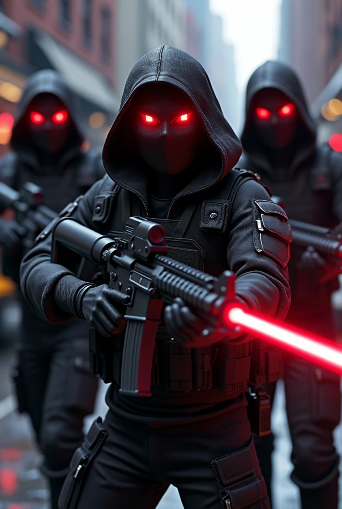 An image of a very dangerous gang with black Roblox pardons with ROBLOX characters showing their black skin and with laser weapons as well but showing their faces and black skin, dressed as a dangerous band from the United States
