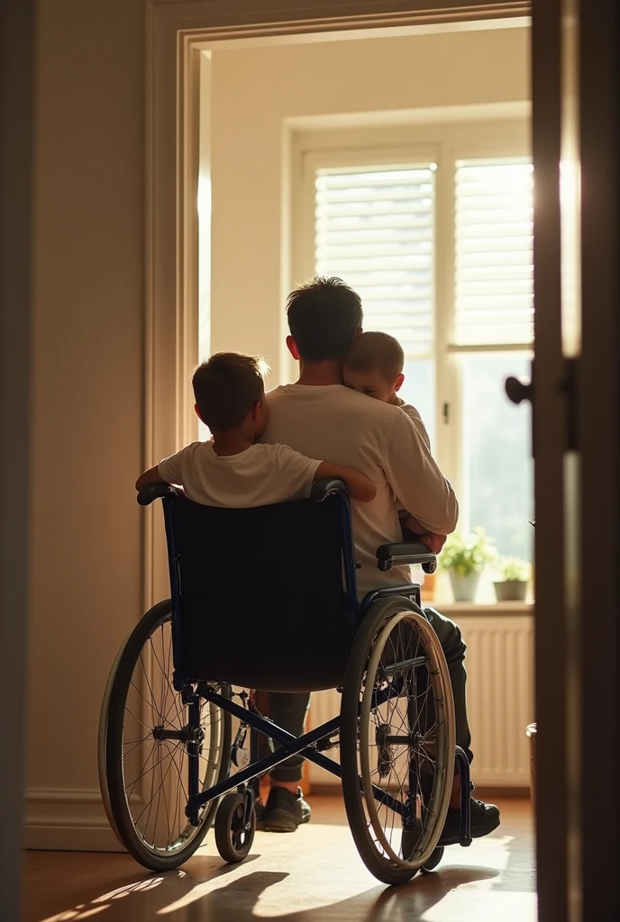 Create an image of a father in a wheelchair with children and inside a house, will be in post format