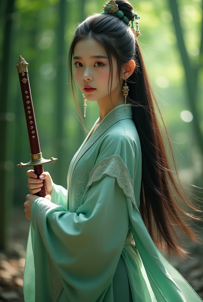 a beautiful young girl in a wuxia-style setting, long flowing hair, elegant hanfu dress, holding a sword, serene expression, lush green bamboo forest background, cinematic lighting, detailed facial features, photorealistic, 8k, intricate details, masterpiece