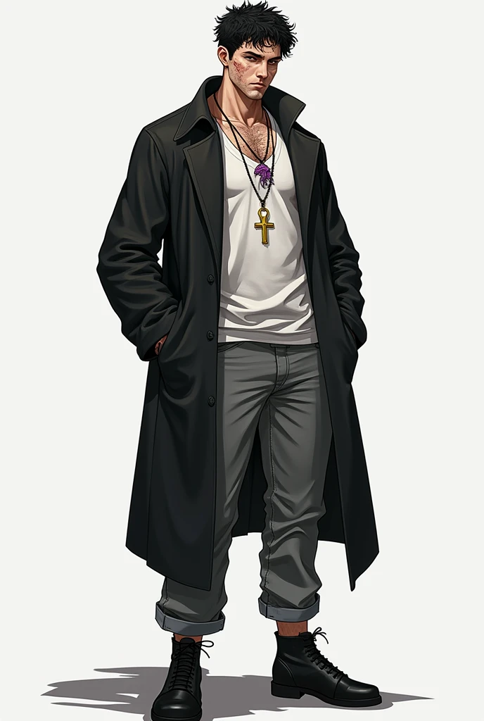 There is a man playing electric guitar on the stage, gigachad muscles, wearing a dull trench coat, muscular men , male art, eric clapton, Commission for high resolution, Very heavy vignette!!!,hard ,Nothing is worn, Spotlight, slight laugh,veiny muscles, shaggy lumpy body,Silver Plate Tag Necklace,Dad with extreme muscle mass,Black little long shaved side hair,Cropped beard face,Around 50 years old,tanned brown skin,ultra-detailliert,High quality,Realistic and smooth skin texture,Photorealistic Dandy Guy,Light and shadow