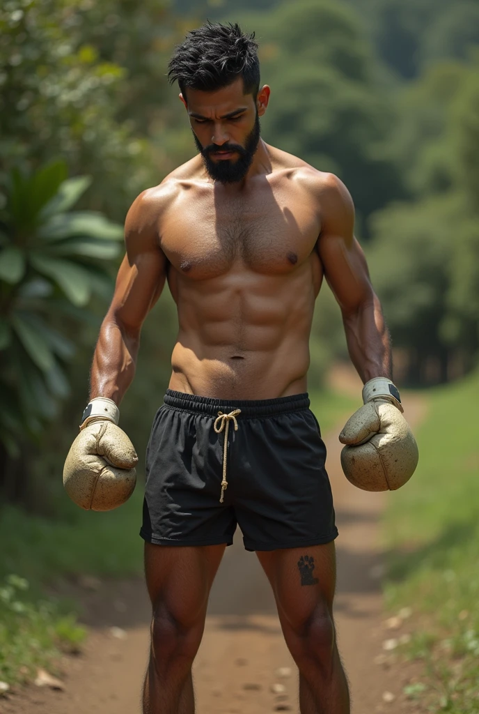 20 year old man, delgado, marked, Colombian, unclothed, a boxer, marked legs, 3-day-old beard with body hair, exercising outdoors, no tattoos, light hair