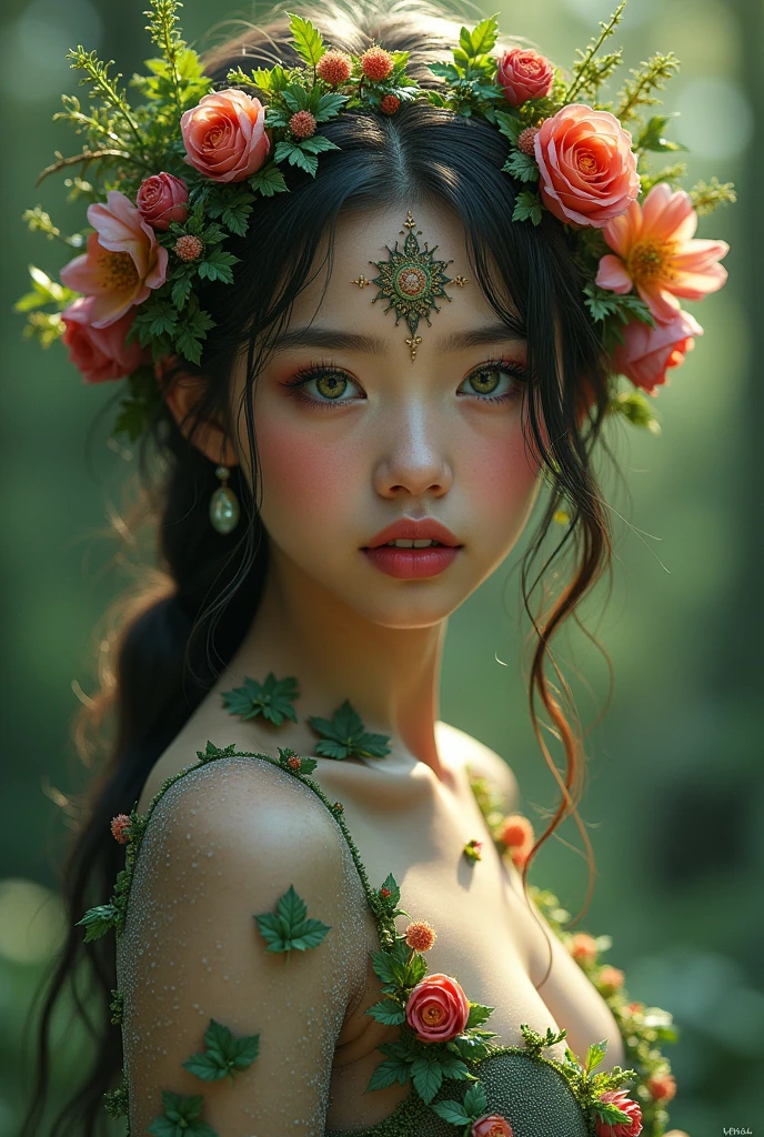 1girl with forest-inspired attire, adorned with vibrant flowers, delicate leaves, intricate mandalas, large areolae, big areolas, red lips, mesmerizing fractal patterns, wearing alluring sheer garments
