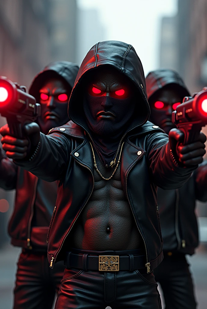 An image of a very dangerous gang with black Roblox pardons with ROBLOX characters showing their black skin and with laser weapons as well but showing their faces and black skin, dressed like a dangerous gang from the United States so that their faces can be seen