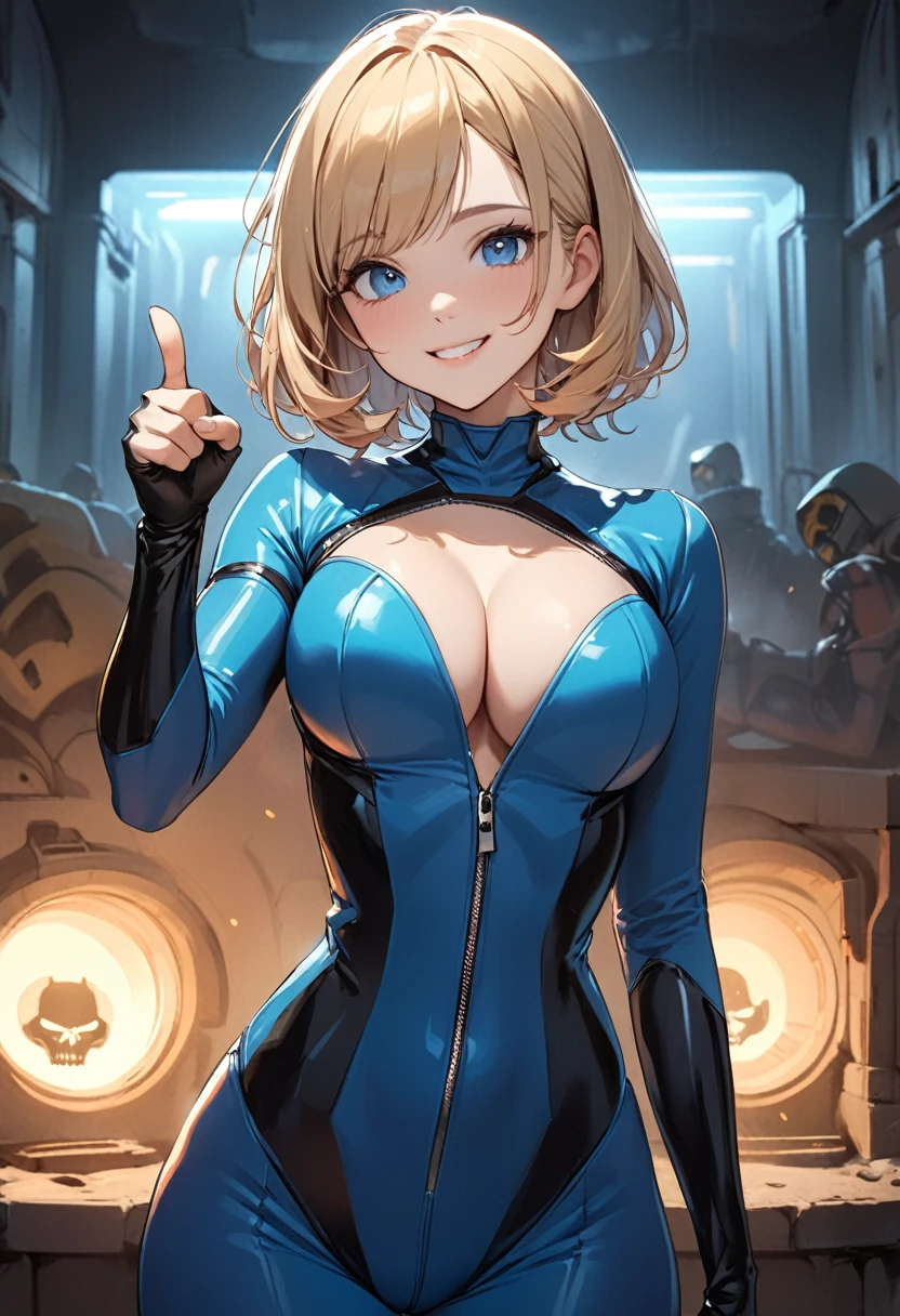 Anime, ((best quality)), ((masterpiece)), (detailed), 1girl, perfect face, happy face, smile, perfect hands, five finger, Fallout, portrait from the waist up, facing the camera, Crypt suit, perfect eyes, blue crypt suit, short blonde hair, slanted fringe, deep cleavage showing, giving thumbs up sign, suit unzipped to show off cleavage,