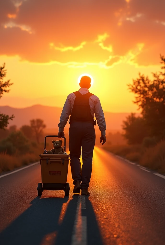 Man carrying a wheeled toolbox walking facing the sun on an asphalt road, on one side desert and on the other side green vegetation leading to the sunset and in the box a small brown teddy bear